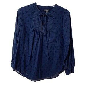J. Crew Swiss Dot Long Sleeve Tie Front Cotton Blouse Button Cuff S-A5545 Navy